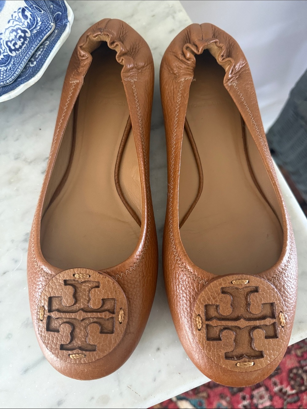 Tory Burch Cognac Leather Logo Ballet Flats